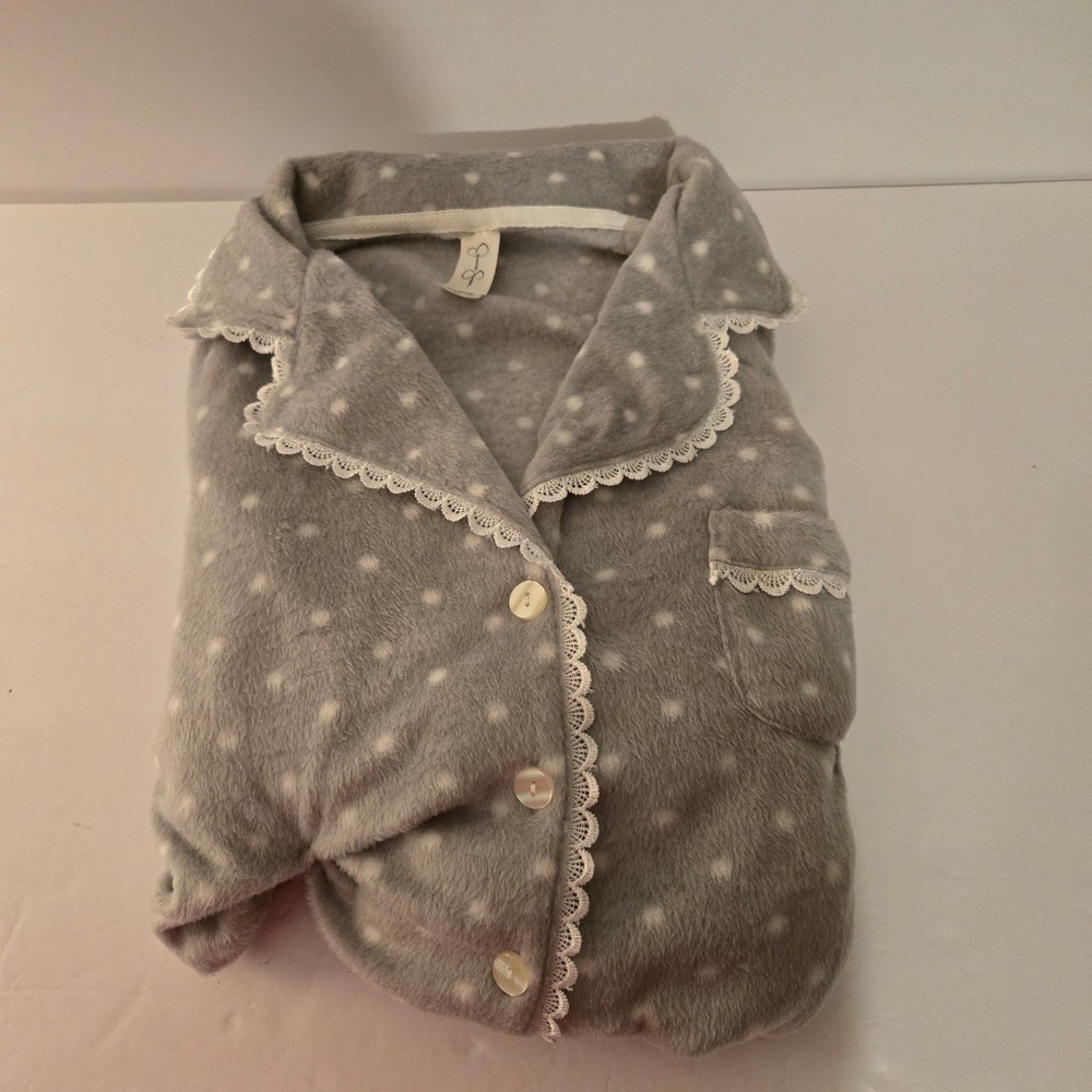 Jessica Simpson Pajama Top Womens M Grey Excellent Plush Fleece Lace Polka Dot